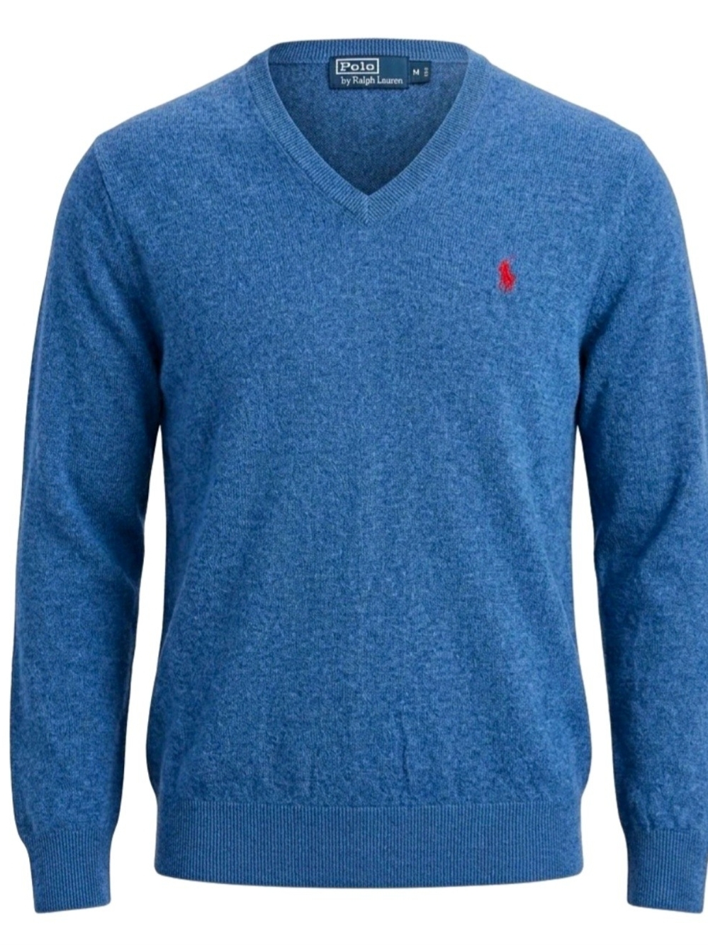 Ralph Lauren Blue V-Neck Sweater with Red Pony Logo Size Medium